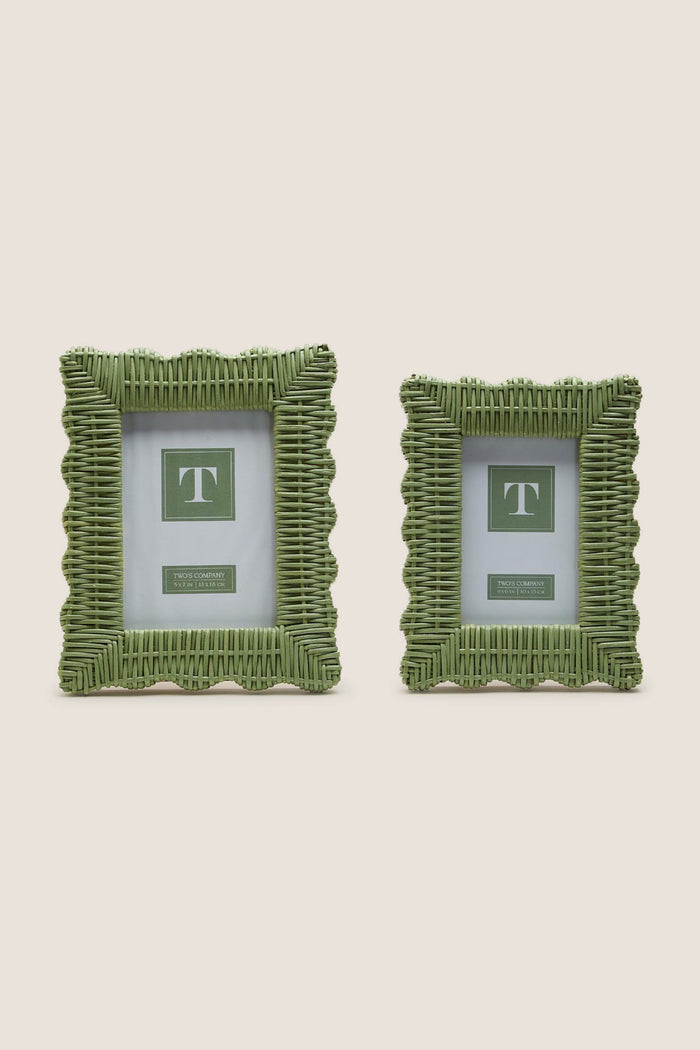 Classic green wicker weave photo frames with scalloped edges, designed for 4x6 and 5x7 prints, offering effortless elegance and fun versatility for high-end home decor.
