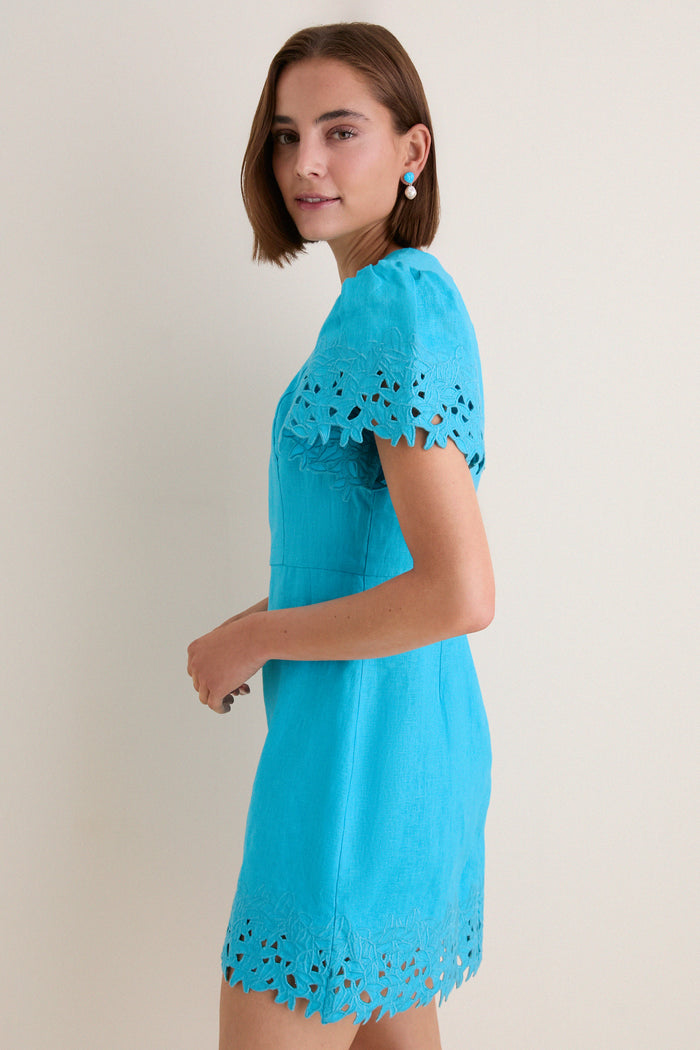 Aqua Linen Embroidered Ruthie Mini Dress