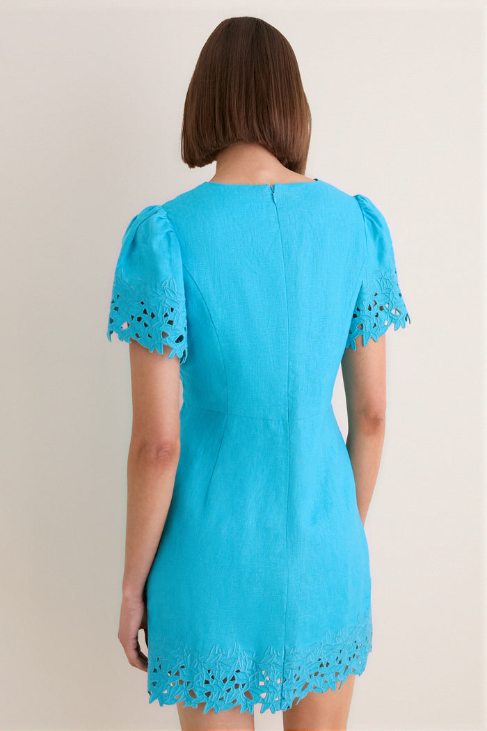 Aqua Linen Embroidered Ruthie Mini Dress