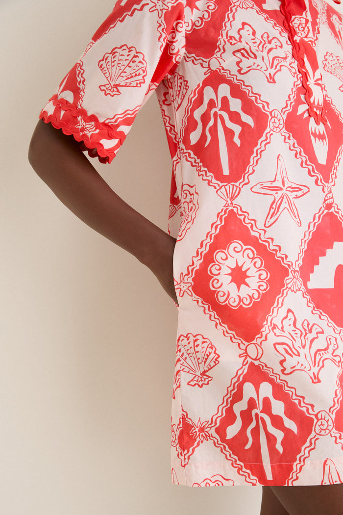 Asterias Red Collared Shirt Mini Dress