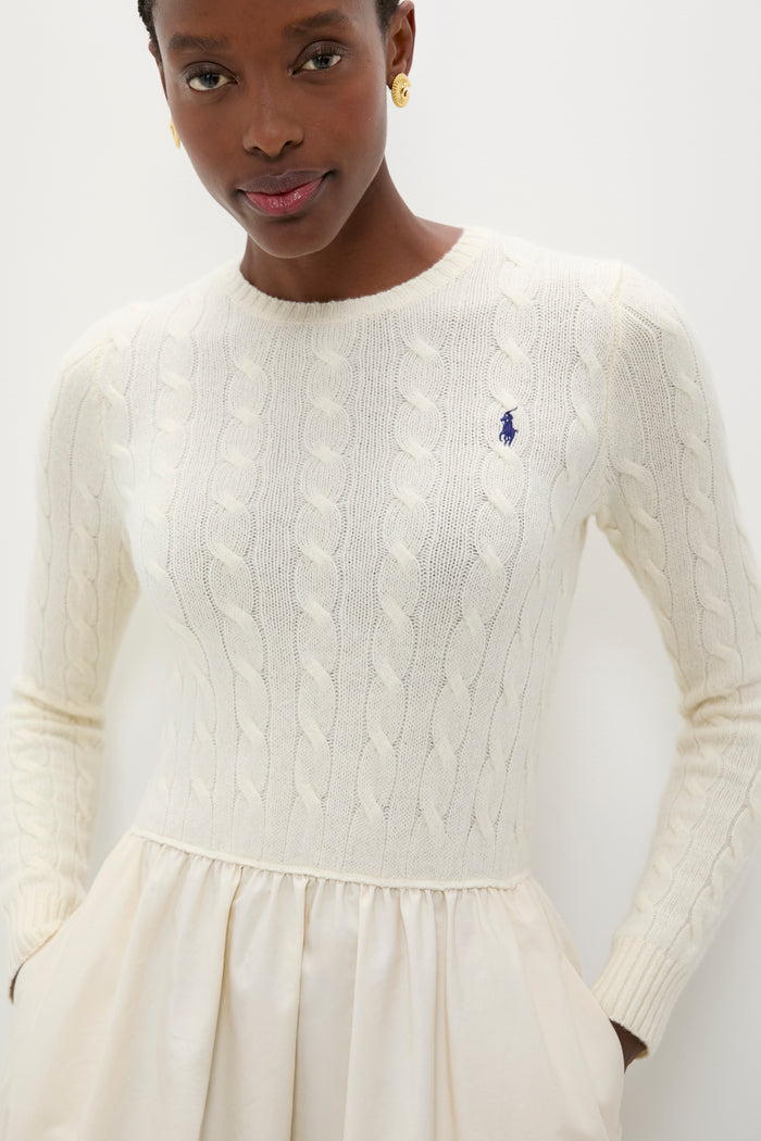 Authentic Cream Crewneck Long Sleeve Fit and Flare Dress