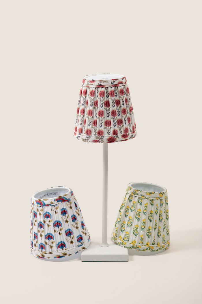 Azure Shade Cover: Classic three-armed stand with pleated floral fabric shades, offering an effortless, fun, high-end touch to your decor. Rechargeable lamp compatible.