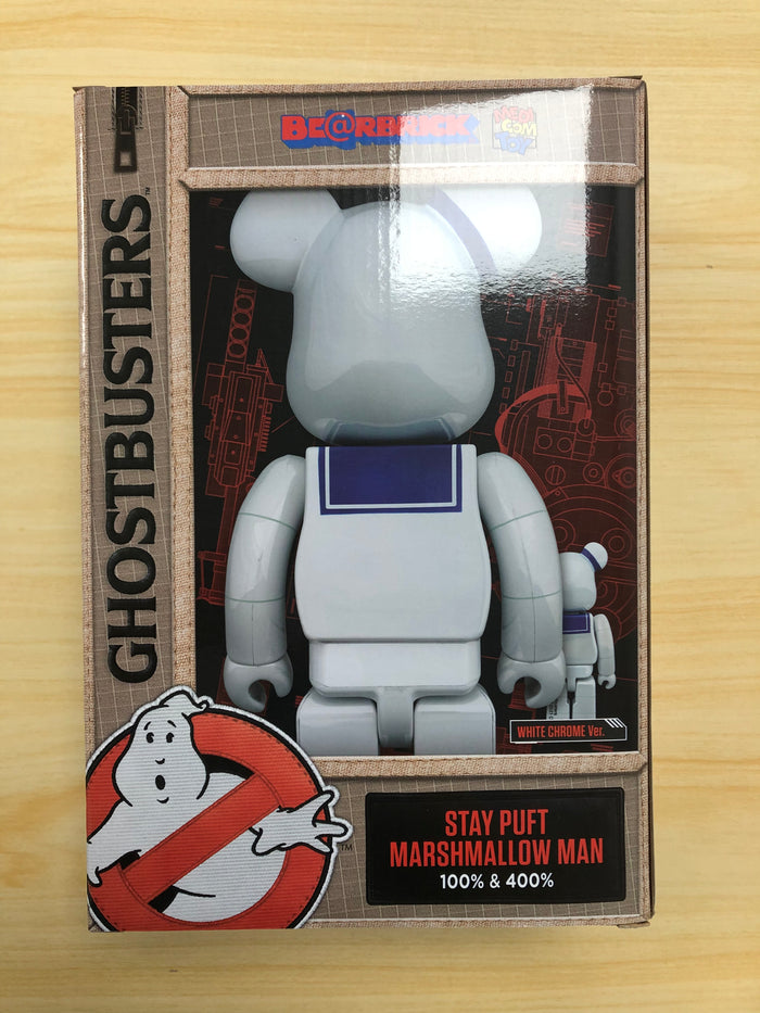BearBrick BE@RBRICK Ghostbusters Stay Puft Marshmallow Man WHITE CHROME Ver. 100％ & 400％ NEW