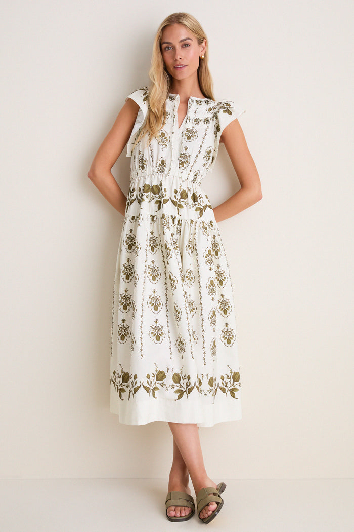 Beige Multi Short Ruffle Sleeve Midi Dress
