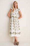 Beige Multi Short Ruffle Sleeve Midi Dress