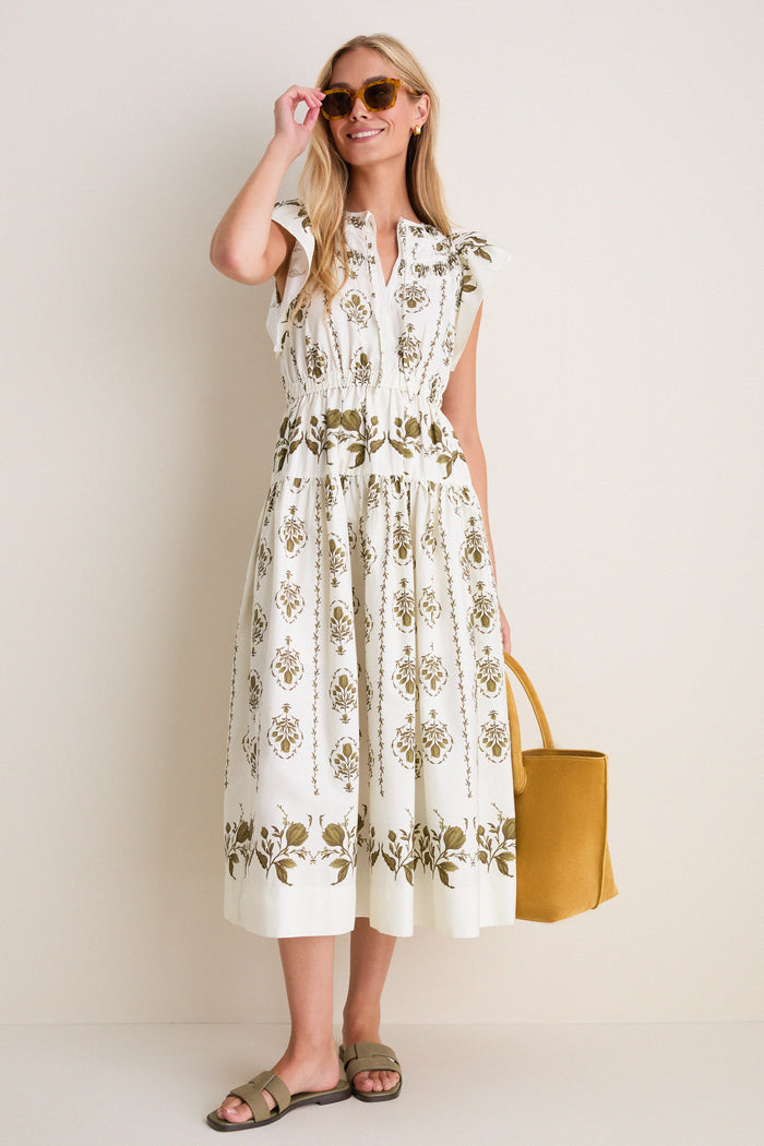 Beige Multi Short Ruffle Sleeve Midi Dress