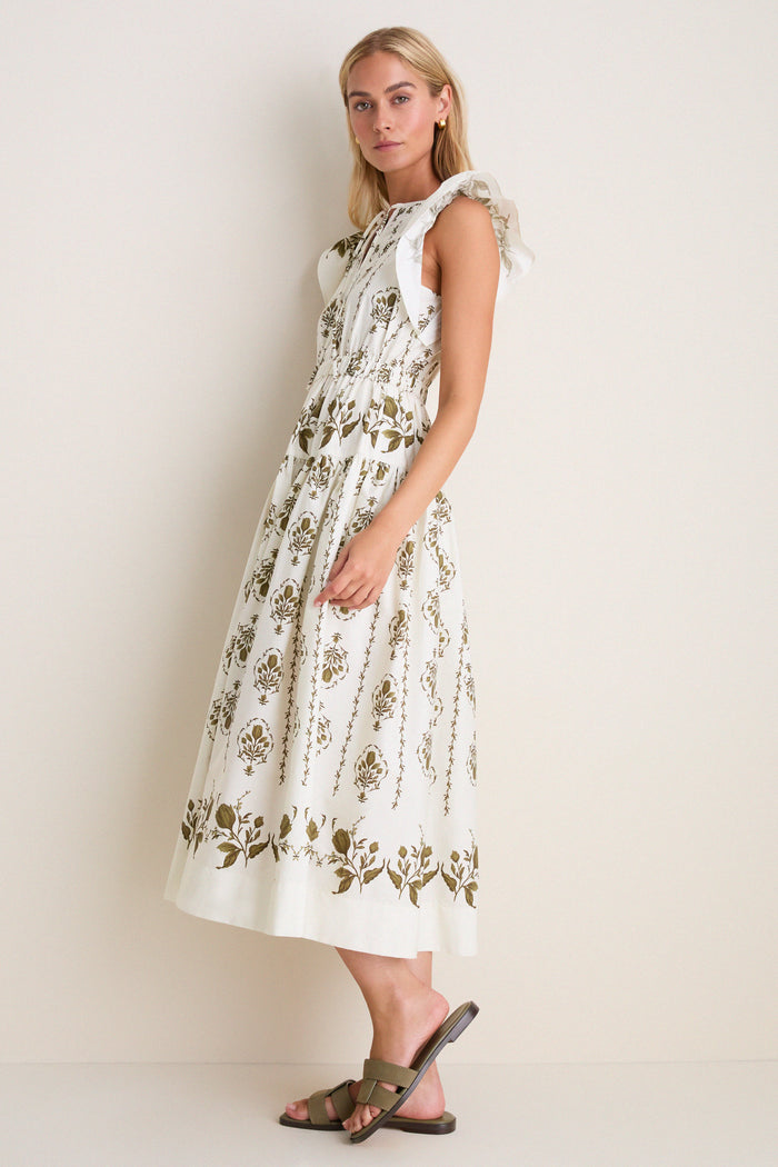 Beige Multi Short Ruffle Sleeve Midi Dress