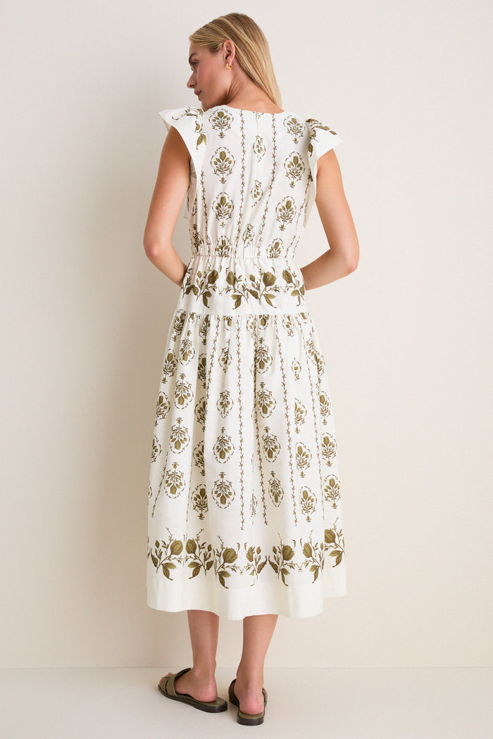 Beige Multi Short Ruffle Sleeve Midi Dress