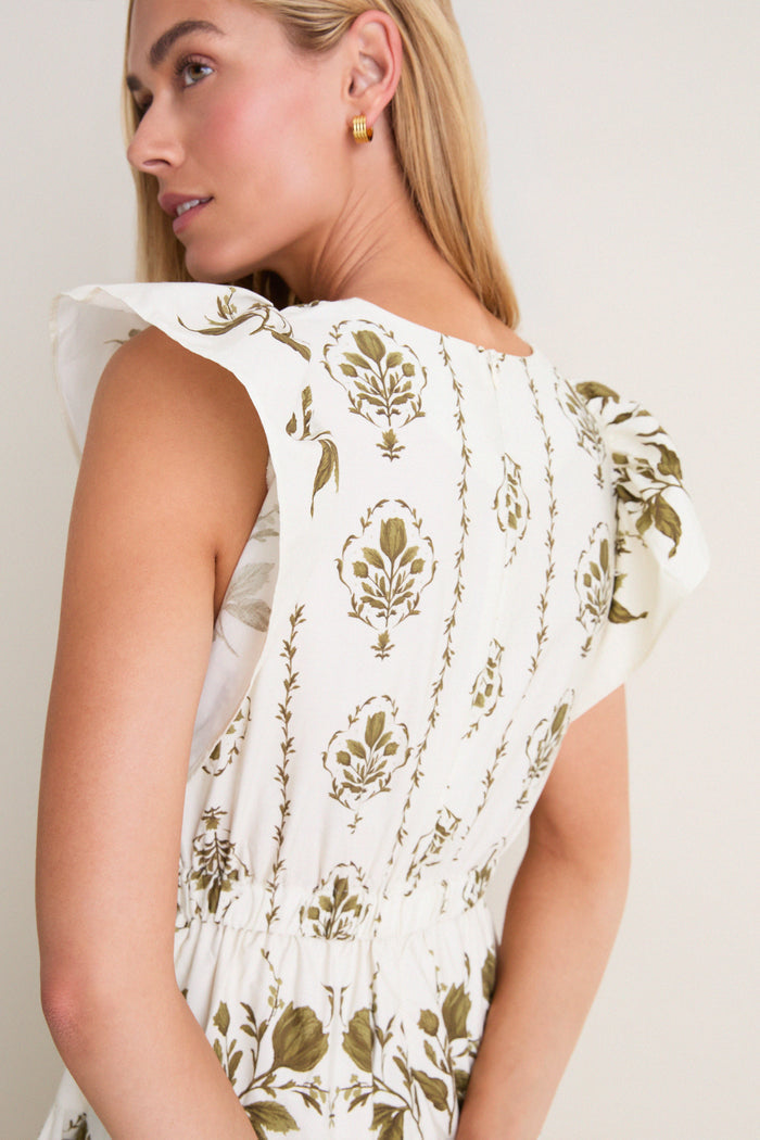 Beige Multi Short Ruffle Sleeve Midi Dress