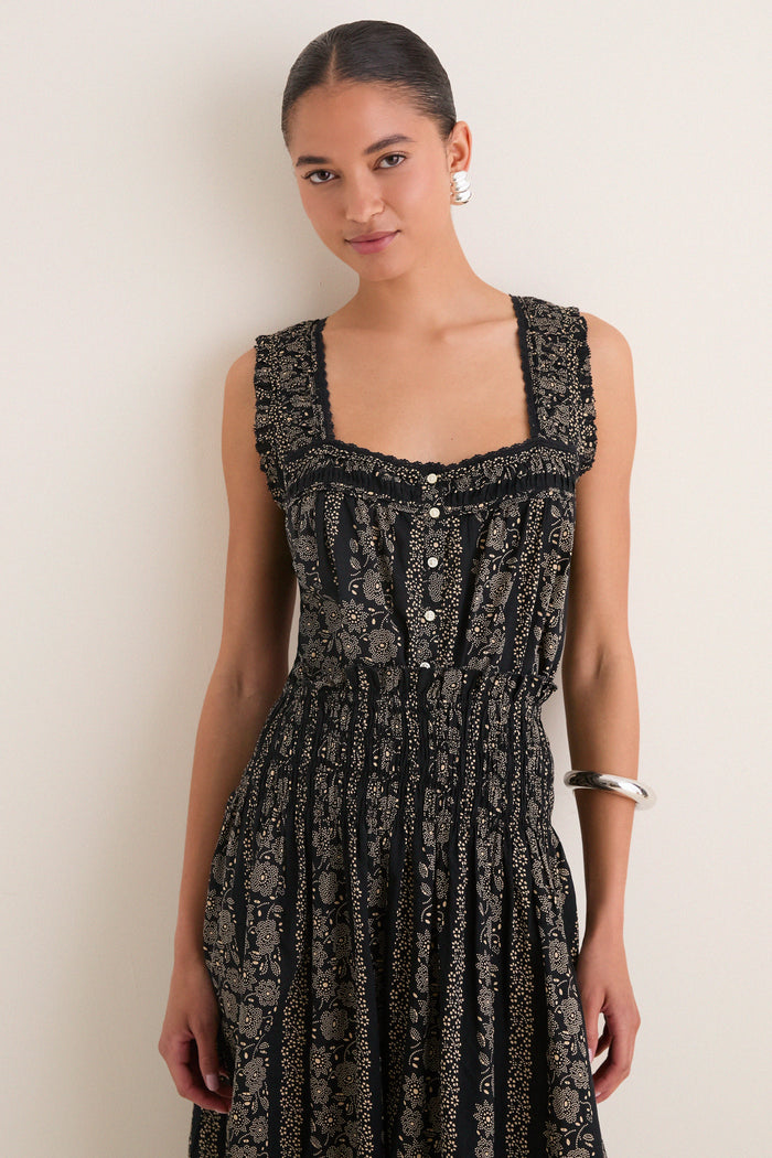 Black and Cream Token Floral Victorian Pleat Tank