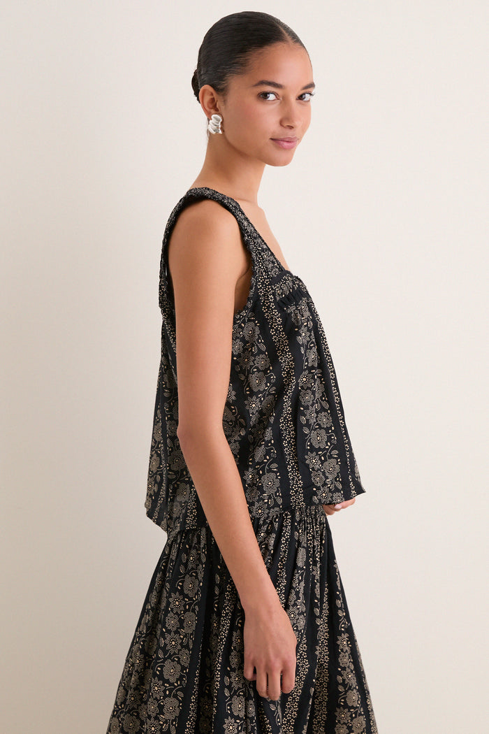 Black and Cream Token Floral Victorian Pleat Tank