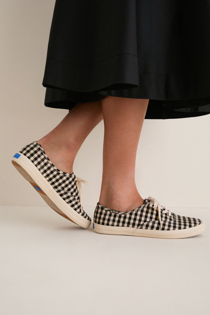 Black and Parchment Buffalo Plaid Champion Sneakers