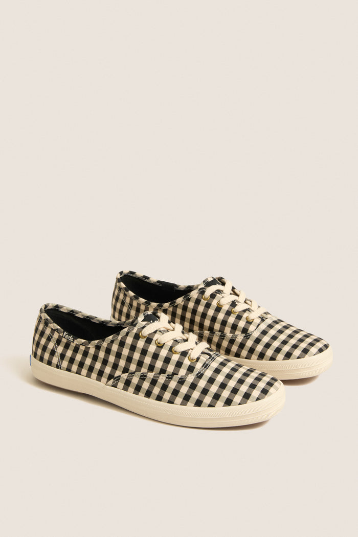 Black and Parchment Buffalo Plaid Champion Sneakers