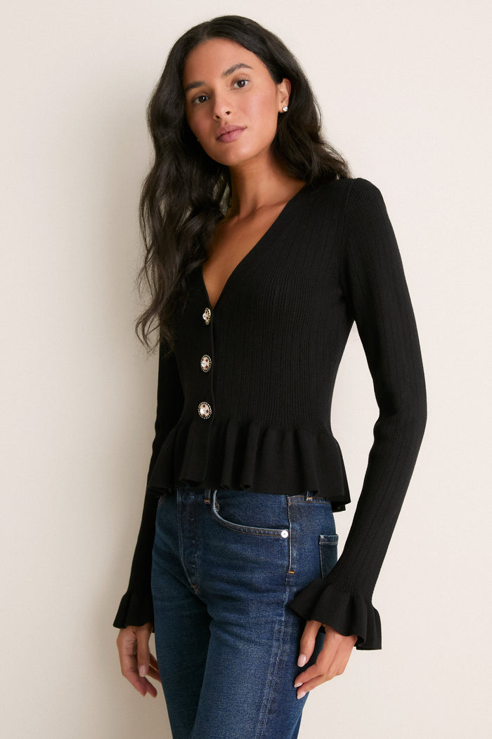 Black Bejeweled Button Sylvia Cardigan