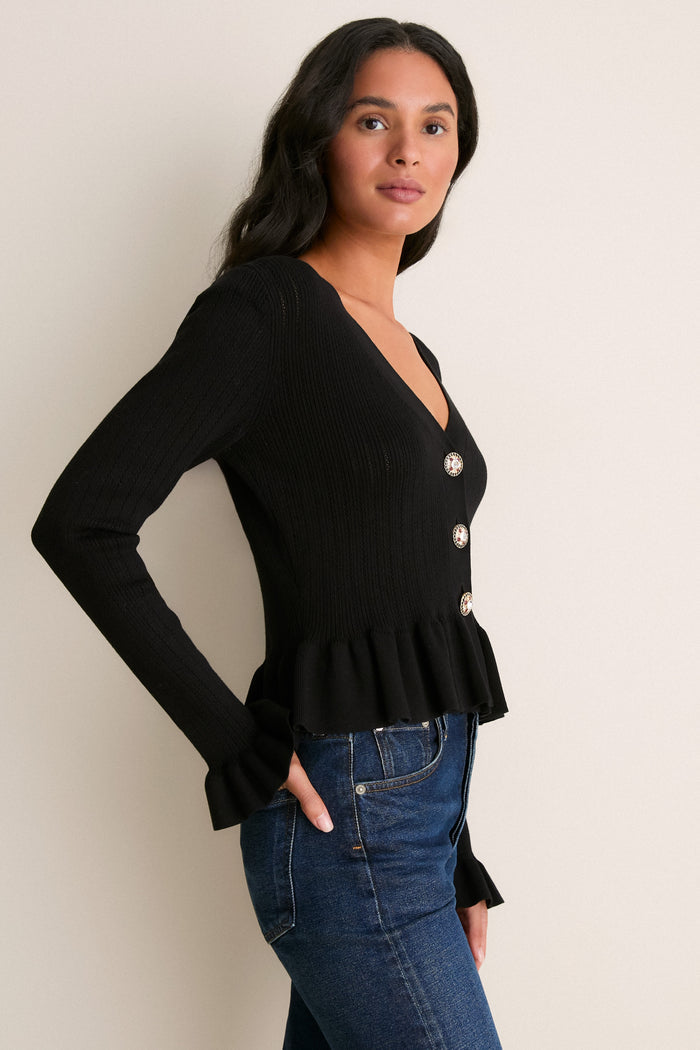 Black Bejeweled Button Sylvia Cardigan