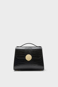 Black Bombo Croco Top Handle Satchel Bag in glossy leather, featuring a crocodile texture, gold-tone clasp, and trapezoidal shape, exudes classic and effortless high-end style.