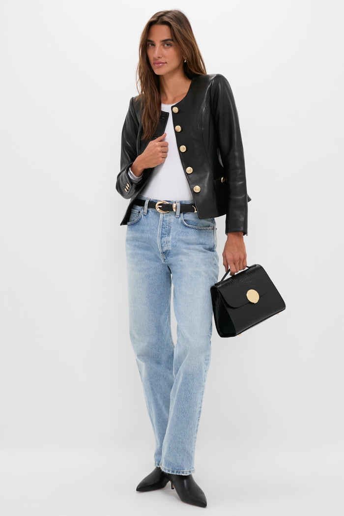 Black Bombo Croco Top Handle Satchel Bag, classic and high-end, with gold hardware and structured design, effortlessly complements the woman's fun, confident style.