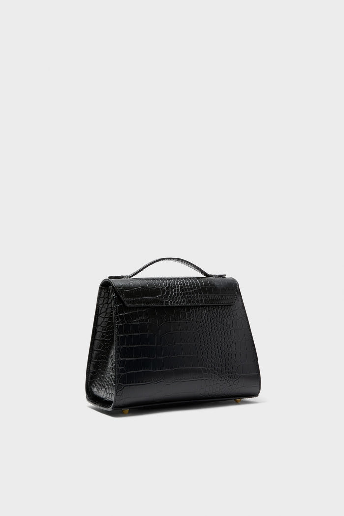 Black Bombo Croco Top Handle Satchel Bag in embossed leather, featuring a classic design with goldtone hardware, detachable strap, and organized interior for effortless style.