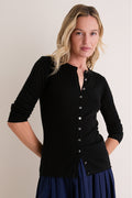 Black Cashmere Silk Ribbed Lowell Cardigan