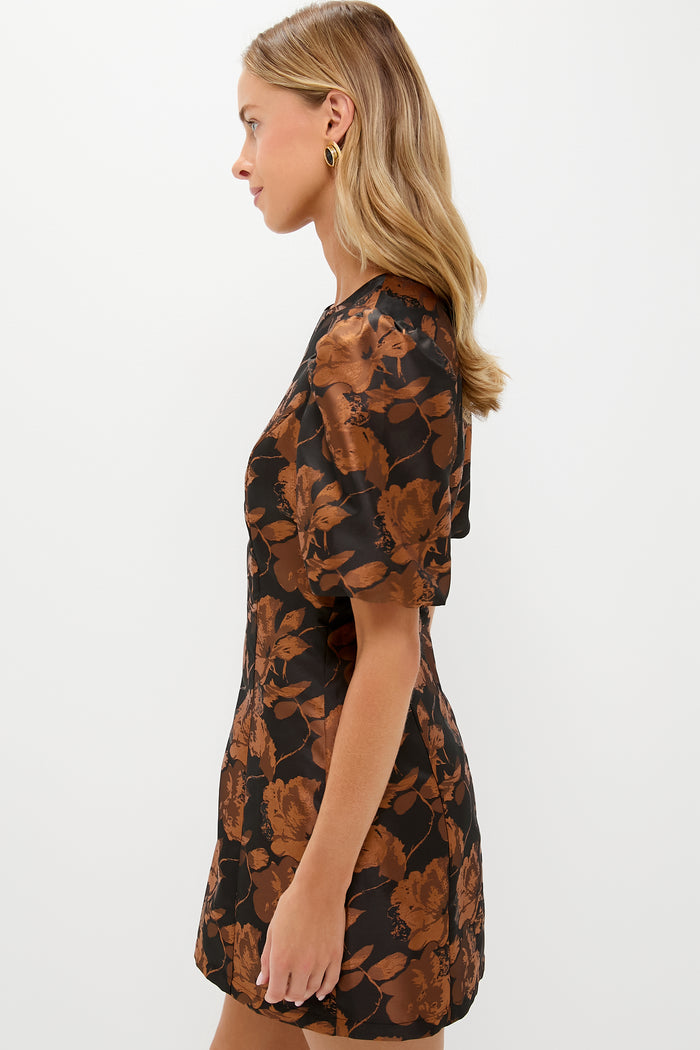 Black & Copper Floral Jacquard Minetta Mini Dress with puff sleeves and a chic floral pattern, epitomizing effortless style with a fun, high-end flair.