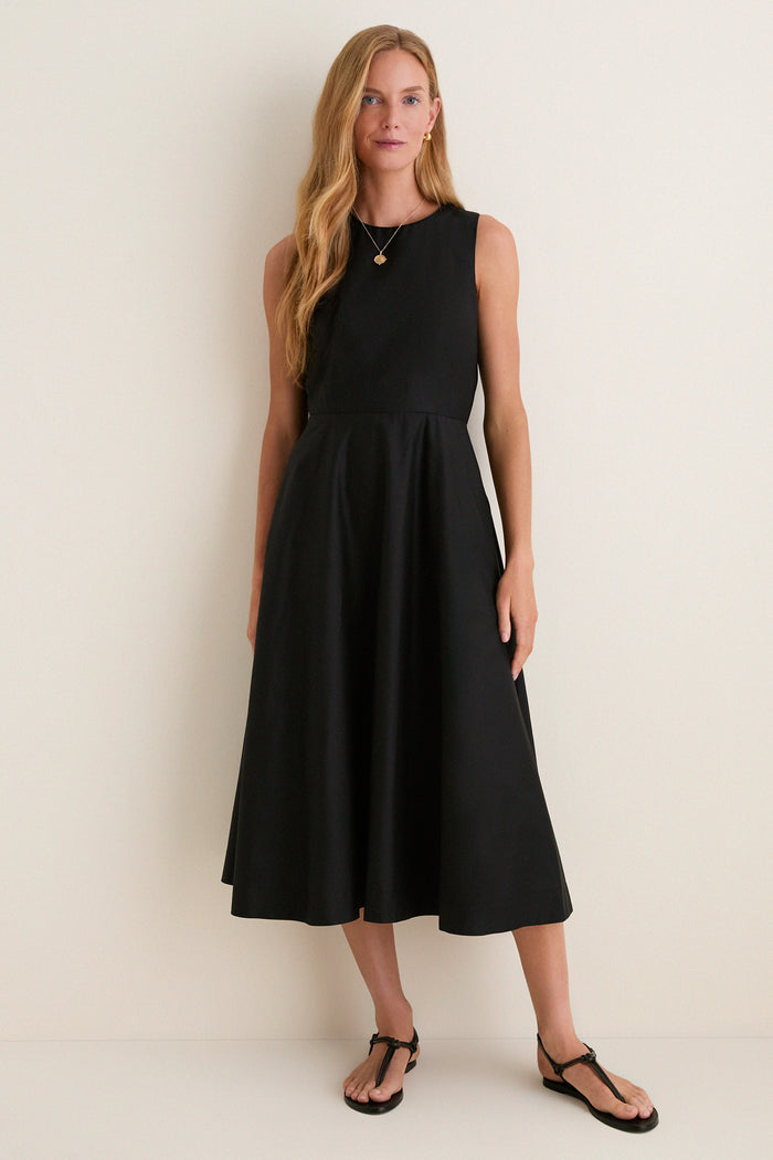 Black Cotton Poplin Stella Midi Dress