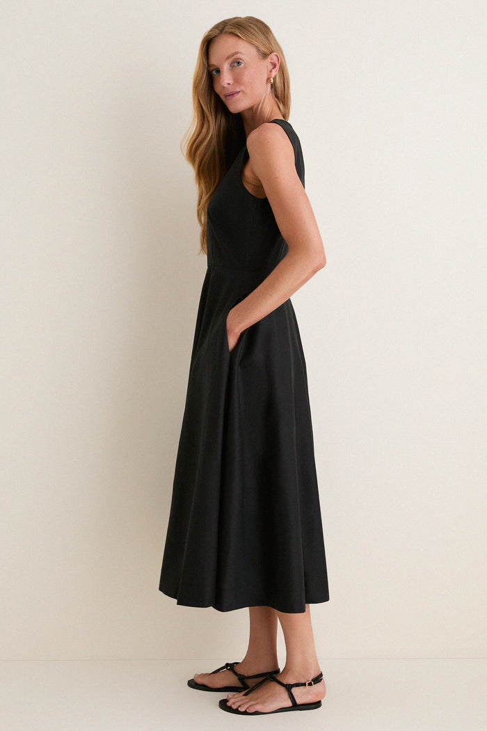 Black Cotton Poplin Stella Midi Dress