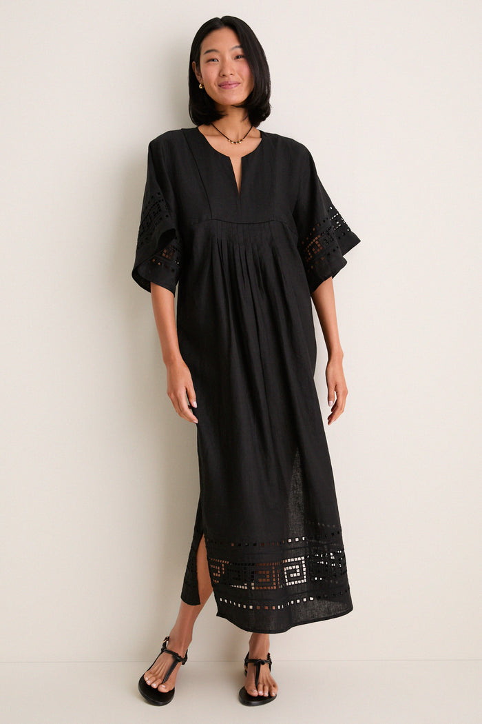 Black Greek Key Embroidered Linen Adrianne Dress