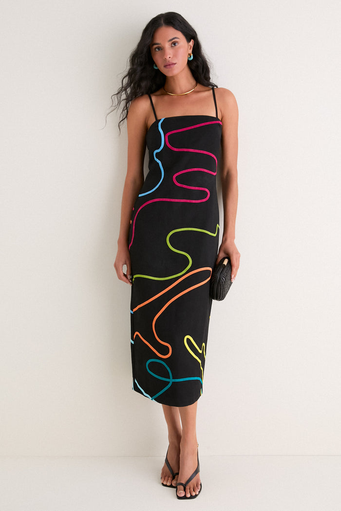 Black Linen & Technicolor Soutache Electra Maxi Dress