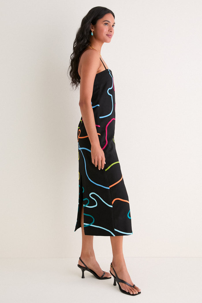 Black Linen & Technicolor Soutache Electra Maxi Dress