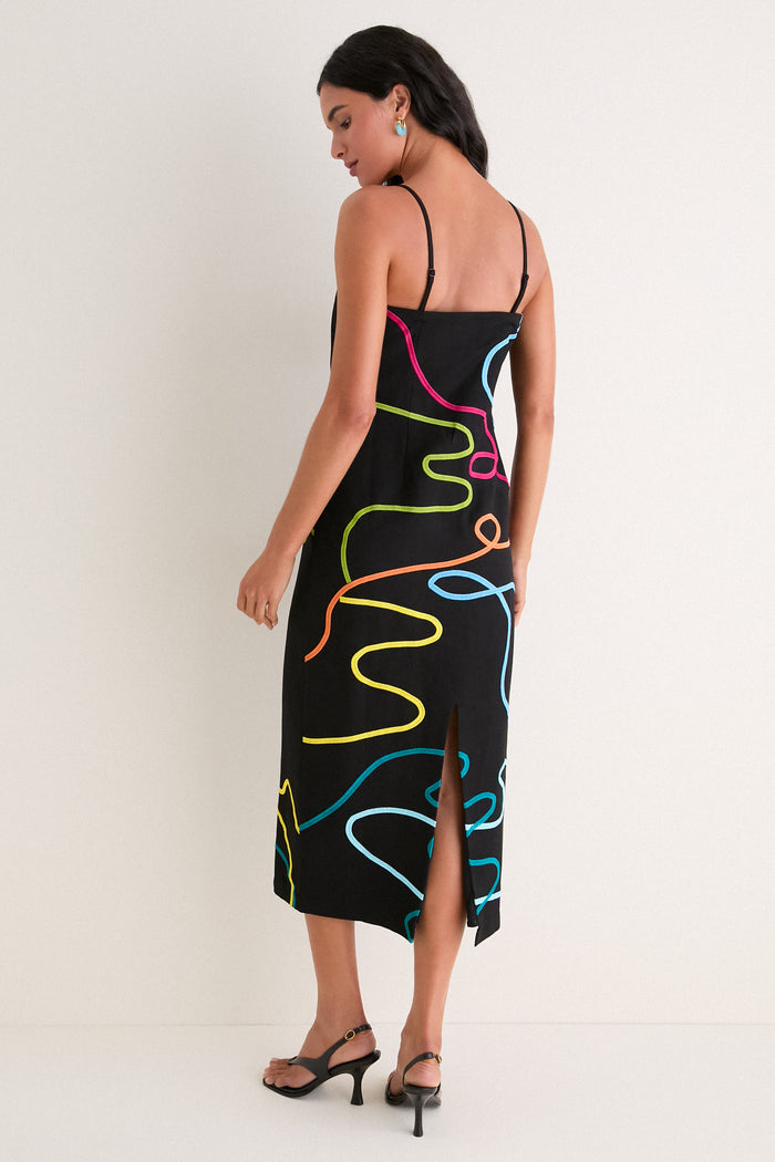 Black Linen & Technicolor Soutache Electra Maxi Dress