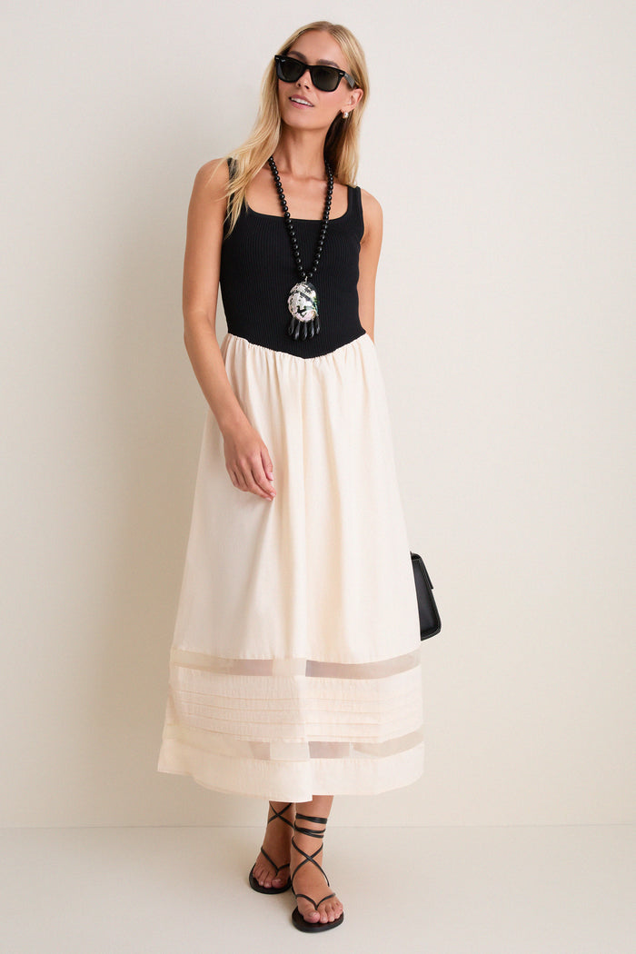 Black Multi Sheer Insert Cotton Knit Twofer Midi Dress
