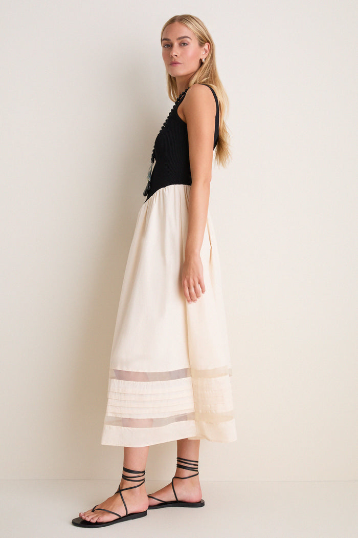 Black Multi Sheer Insert Cotton Knit Twofer Midi Dress