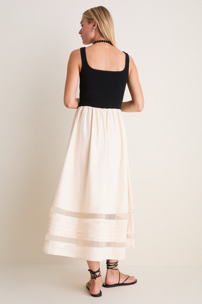 Black Multi Sheer Insert Cotton Knit Twofer Midi Dress
