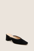 Classic Black Suede Tilda Mules with an effortless mule silhouette, featuring a chic squared toe and comfortable block heel, perfect for a fun, high-end look.