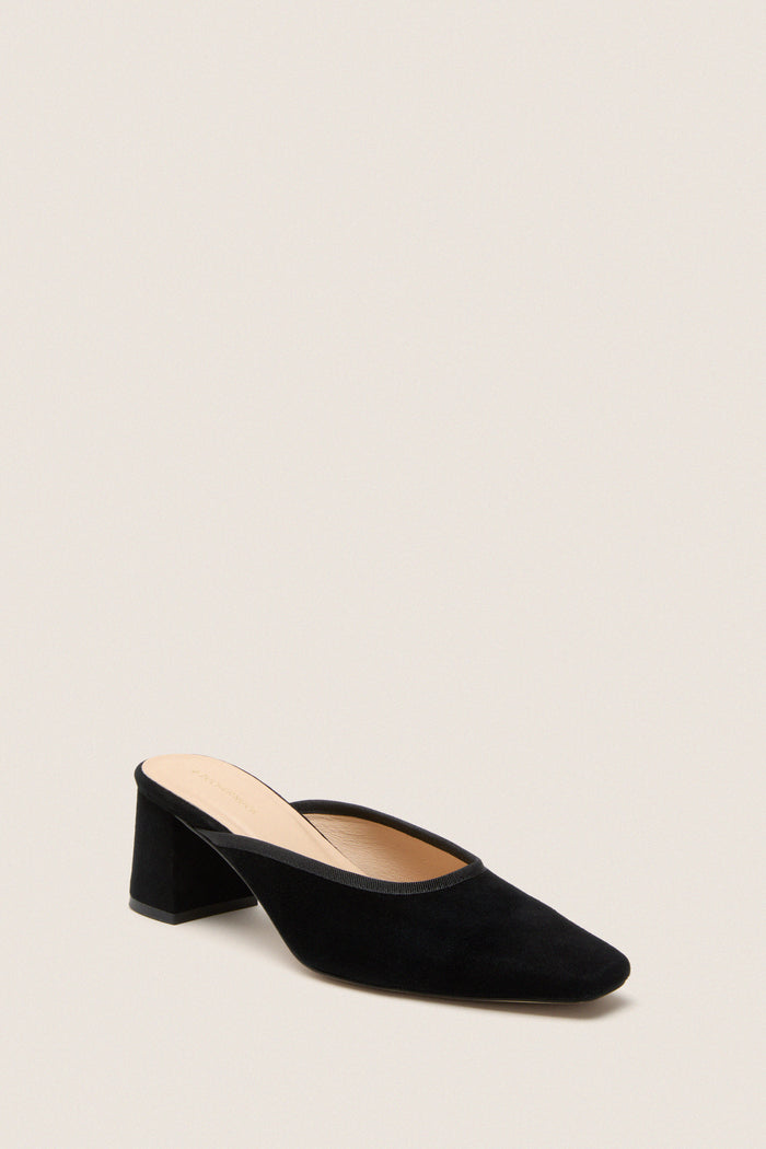 Classic Black Suede Tilda Mules with an effortless mule silhouette, featuring a chic squared toe and comfortable block heel, perfect for a fun, high-end look.