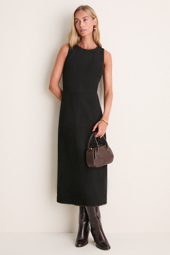 Black Suede Whipstitch Manon Dress