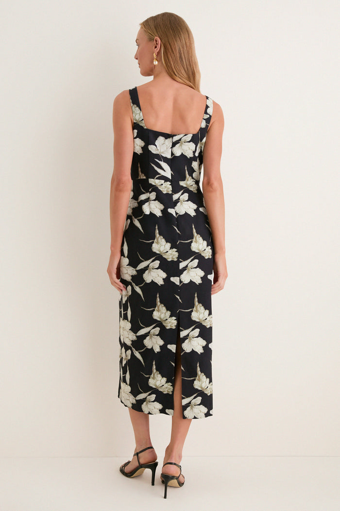 Black & Tan Floral Cut-Out Corolla Column Maxi Dress