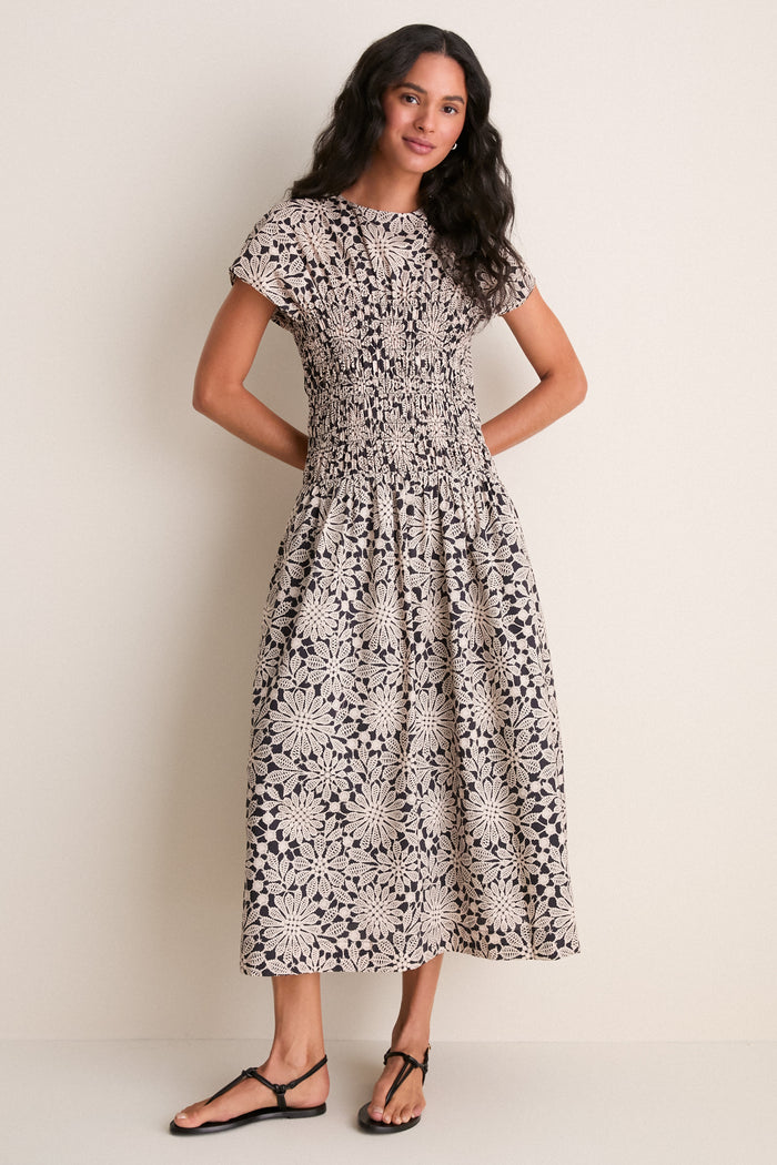 Black & Tan Printed Floral Smocked Rollins Midi Dress