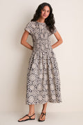 Black & Tan Printed Floral Smocked Rollins Midi Dress