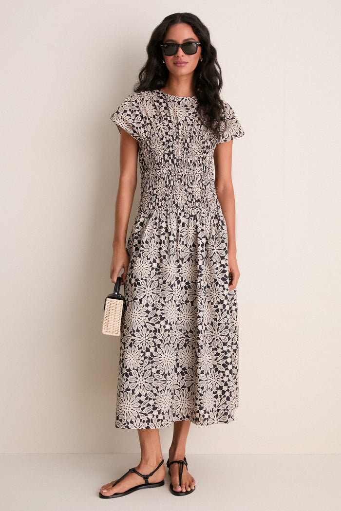 Black & Tan Printed Floral Smocked Rollins Midi Dress