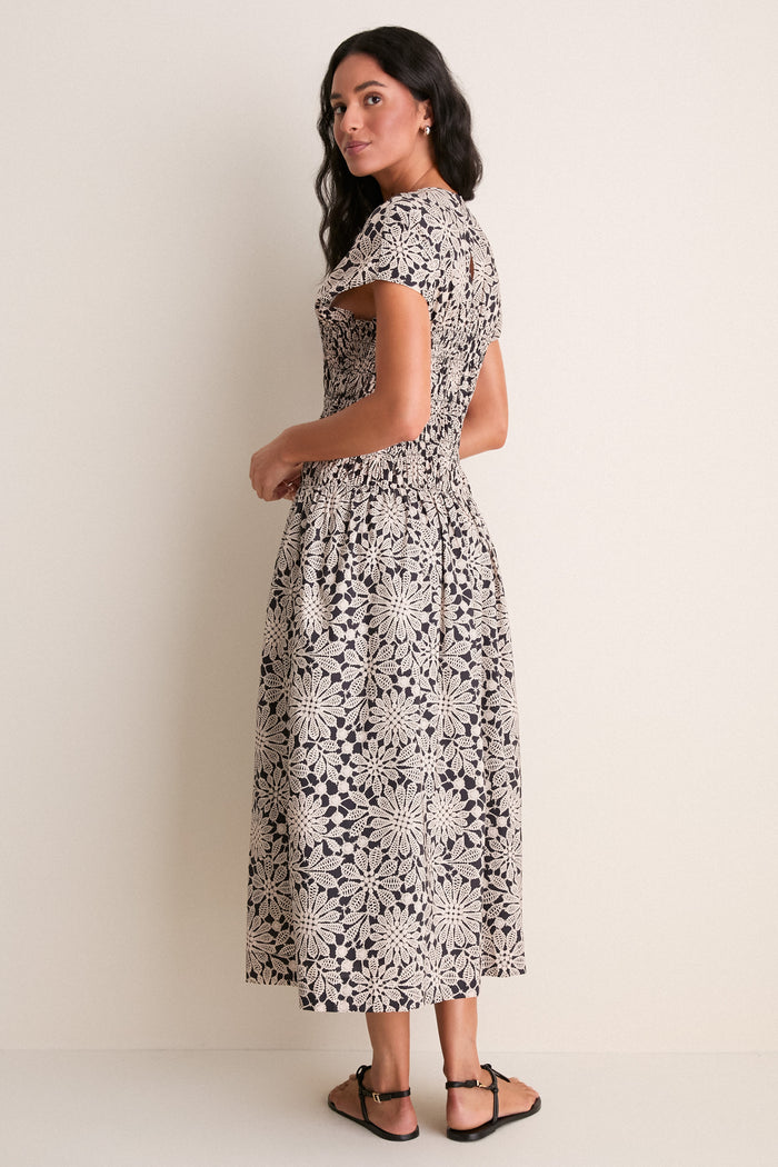 Black & Tan Printed Floral Smocked Rollins Midi Dress