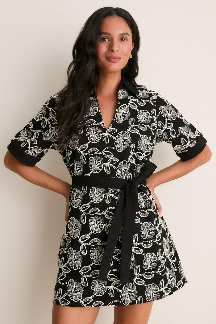 Black & White Embroidered Denim Drew Mini Dress