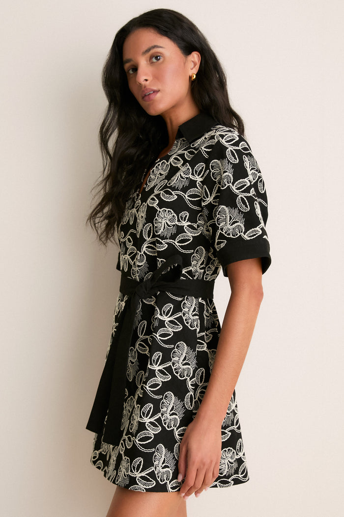 Black & White Embroidered Denim Drew Mini Dress
