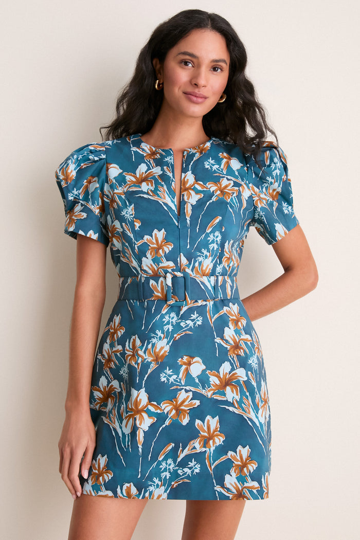 Blue & Brown Floral Liliana Zip Front Mini Dress