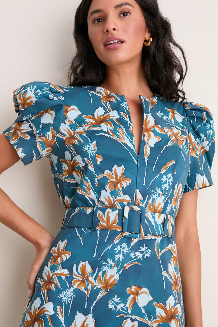 Blue & Brown Floral Liliana Zip Front Mini Dress