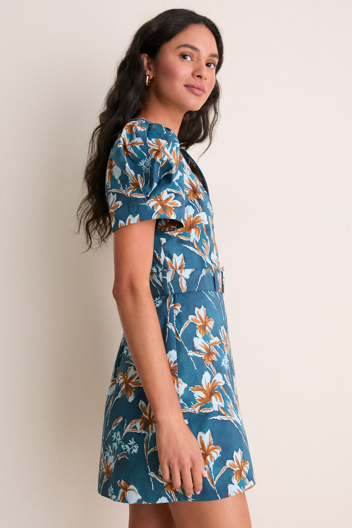 Blue & Brown Floral Liliana Zip Front Mini Dress