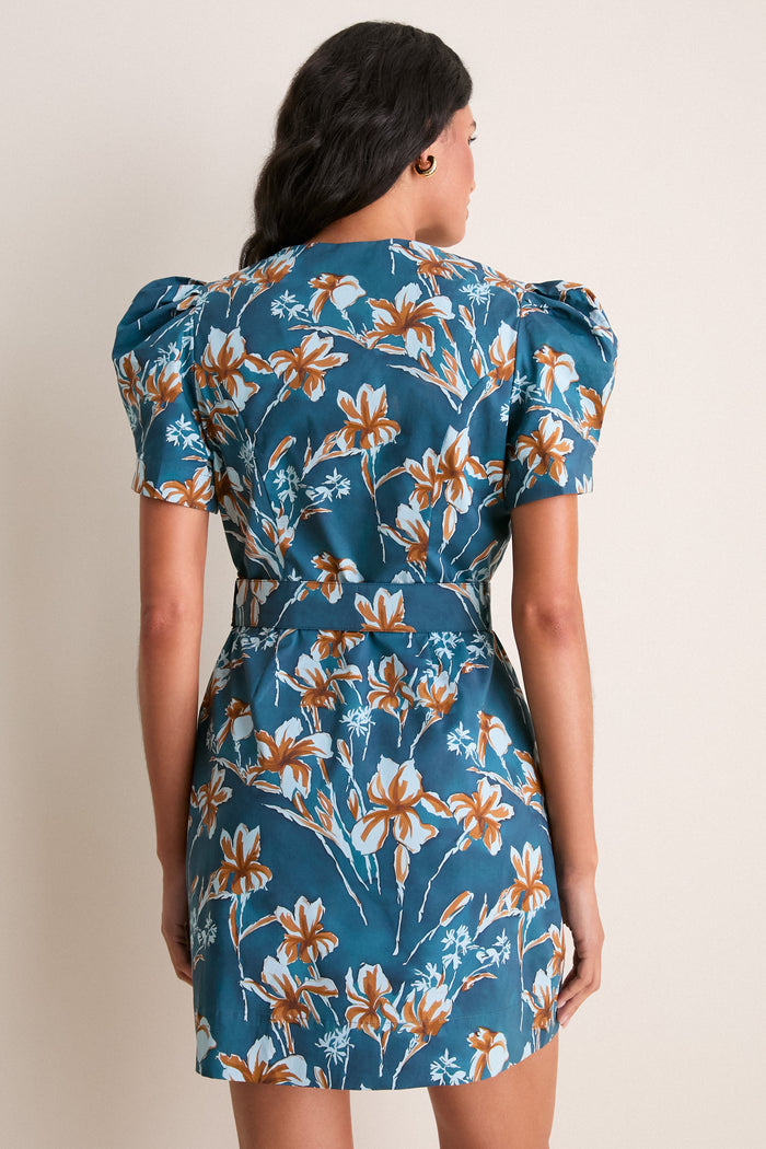 Blue & Brown Floral Liliana Zip Front Mini Dress