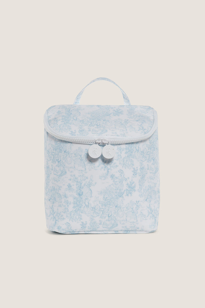 Blue Bunny Toile Take Away Insulated Lunch Bag, a classic, effortless accessory with a fun design, featuring embossed zippers and a handy carry-handle, embodying high-end practicality.