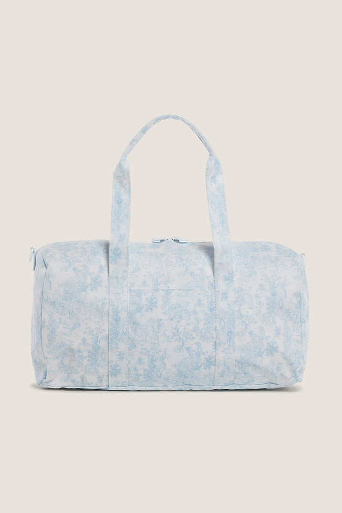 Blue Bunny Toile Weekender Duffel Bag, a classic, fun, and effortless travel tote with detachable strap, water-resistant finish, and interior mesh pocket, perfect for high-end getaways.