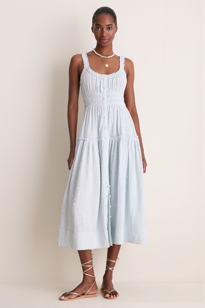 Blue Gauze Daisy Embroidered Landis Midi Dress